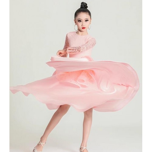 Light pink lace long ballroom dance dresses for girls kids children solo concert dance waltz tango foxtrot smooth rhythm dancing gown for girls 